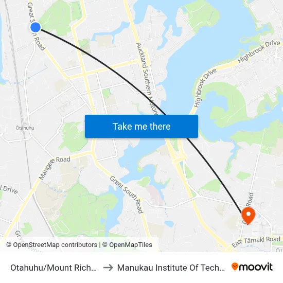 Otahuhu/Mount Richmond to Manukau Institute Of Technology map