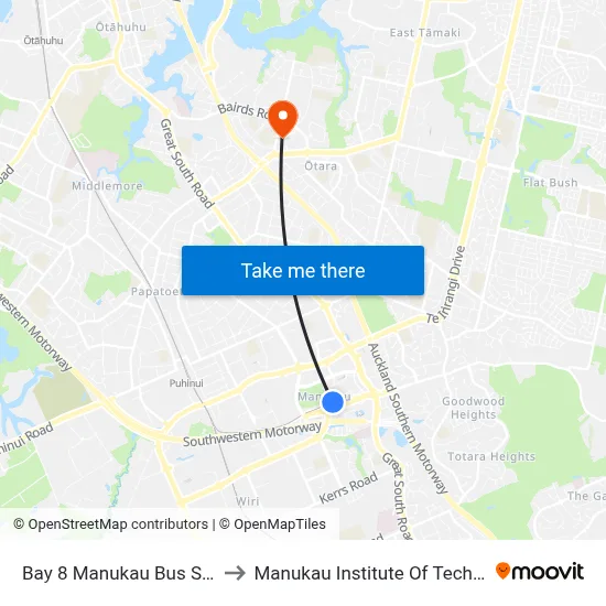 Bay 8 Manukau Bus Station to Manukau Institute Of Technology map
