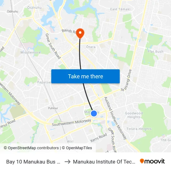 Bay 10 Manukau Bus Station to Manukau Institute Of Technology map