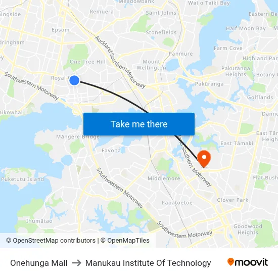 Onehunga Mall to Manukau Institute Of Technology map
