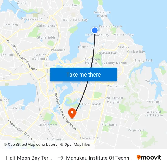 Half Moon Bay Terminal to Manukau Institute Of Technology map