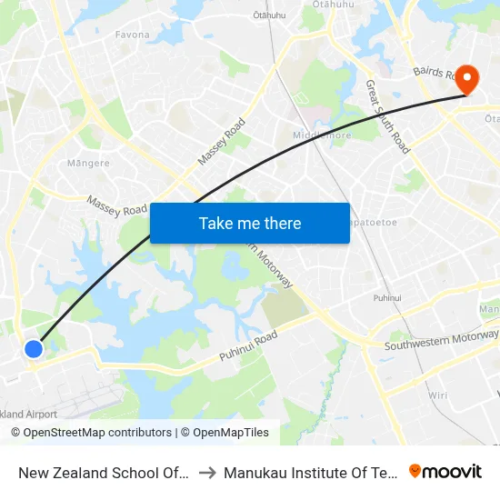 New Zealand School Of Tourism to Manukau Institute Of Technology map
