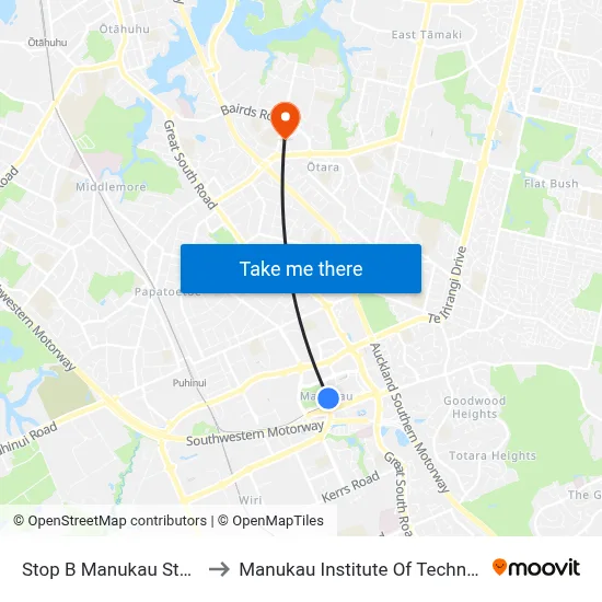 Stop B Manukau Station to Manukau Institute Of Technology map