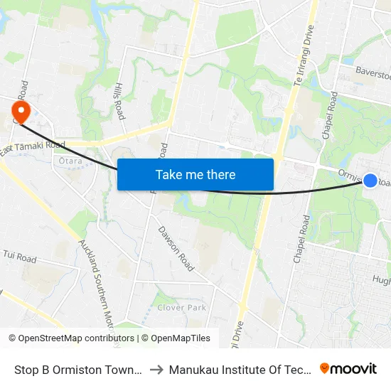 Stop B Ormiston Town Centre to Manukau Institute Of Technology map