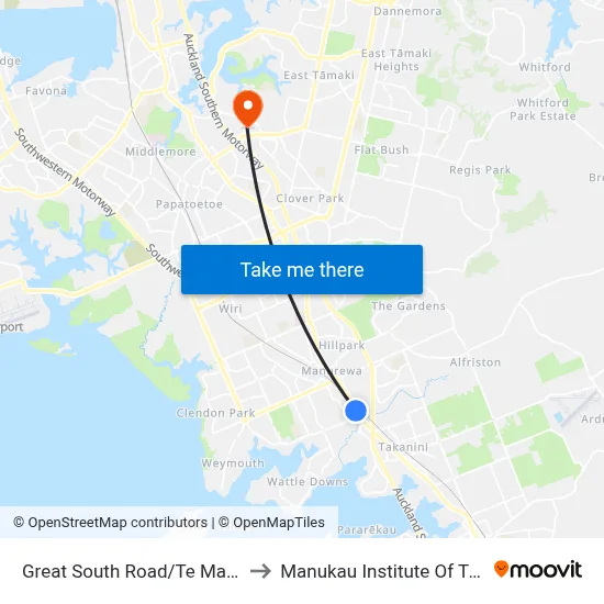 Great South Road/Te Mahia Station to Manukau Institute Of Technology map