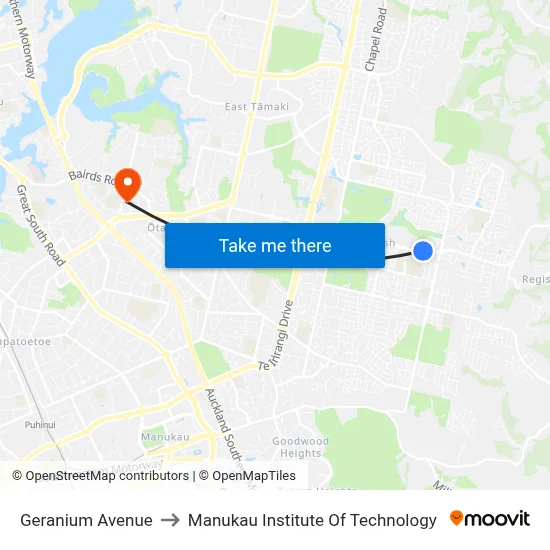 Geranium Avenue to Manukau Institute Of Technology map