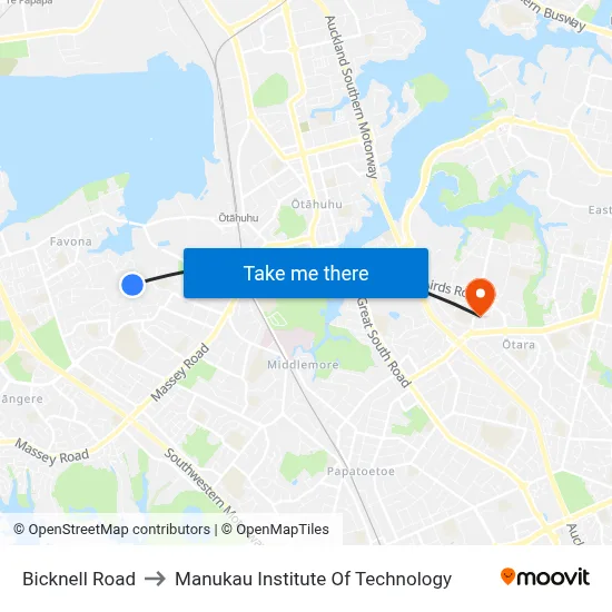Bicknell Road to Manukau Institute Of Technology map