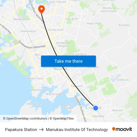 Papakura Station to Manukau Institute Of Technology map