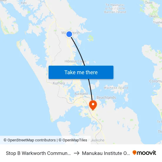 Stop B Warkworth Community Transport Hub to Manukau Institute Of Technology map