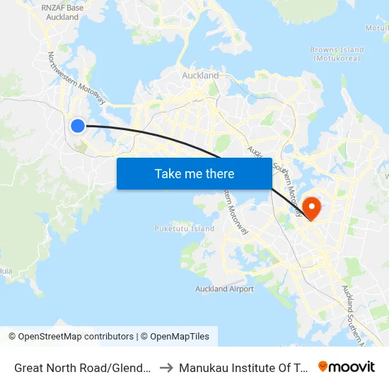 Great North Road/Glendene Shops to Manukau Institute Of Technology map