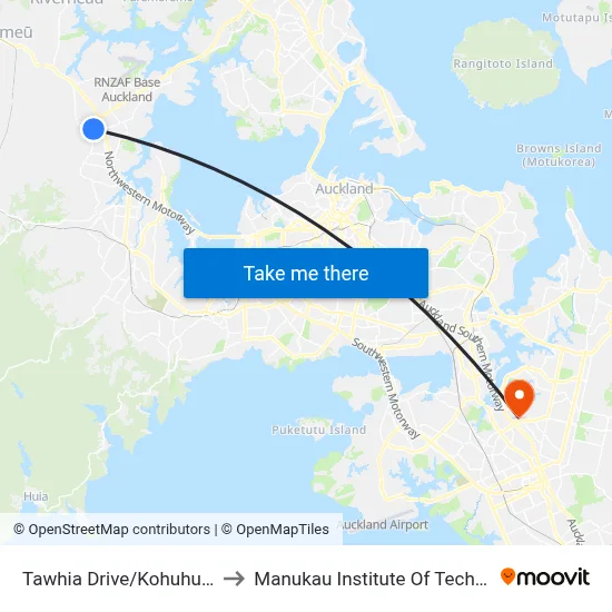 Tawhia Drive/Kohuhu Lane to Manukau Institute Of Technology map