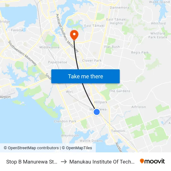 Stop B Manurewa Station to Manukau Institute Of Technology map