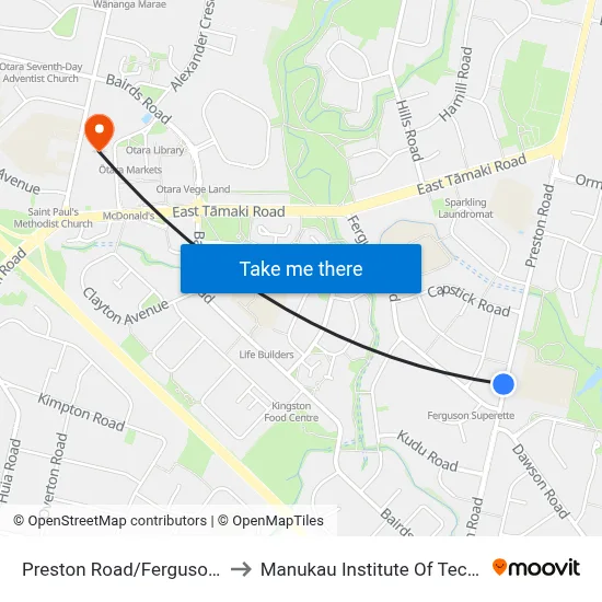 Preston Road/Ferguson Road to Manukau Institute Of Technology map