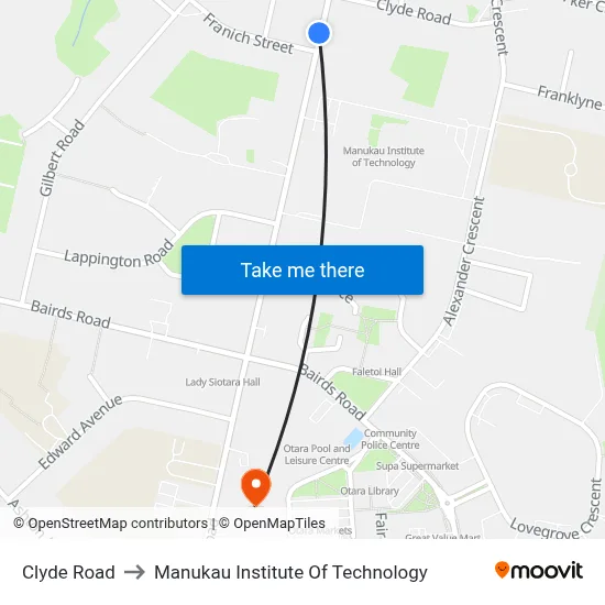 Clyde Road to Manukau Institute Of Technology map