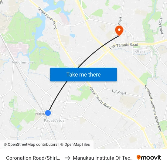 Coronation Road/Shirley Road to Manukau Institute Of Technology map