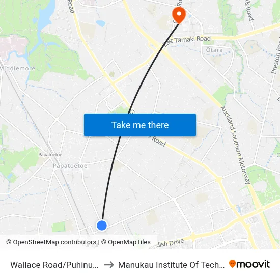 Wallace Road/Puhinui Road to Manukau Institute Of Technology map