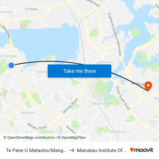 Te Pane O Mataoho/Mangere Mountain to Manukau Institute Of Technology map