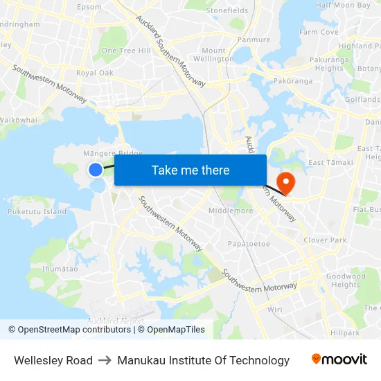 Wellesley Road to Manukau Institute Of Technology map