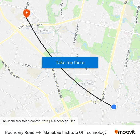 Boundary Road to Manukau Institute Of Technology map