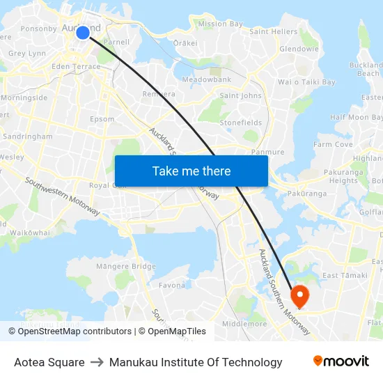 Aotea Square to Manukau Institute Of Technology map