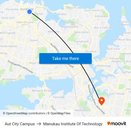 Aut City Campus to Manukau Institute Of Technology map