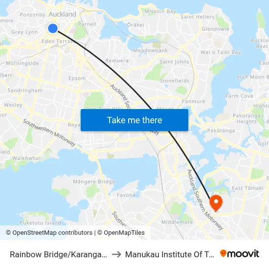 Rainbow Bridge/Karangahape Road to Manukau Institute Of Technology map