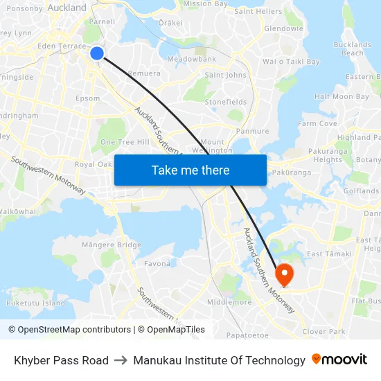 Khyber Pass Road to Manukau Institute Of Technology map