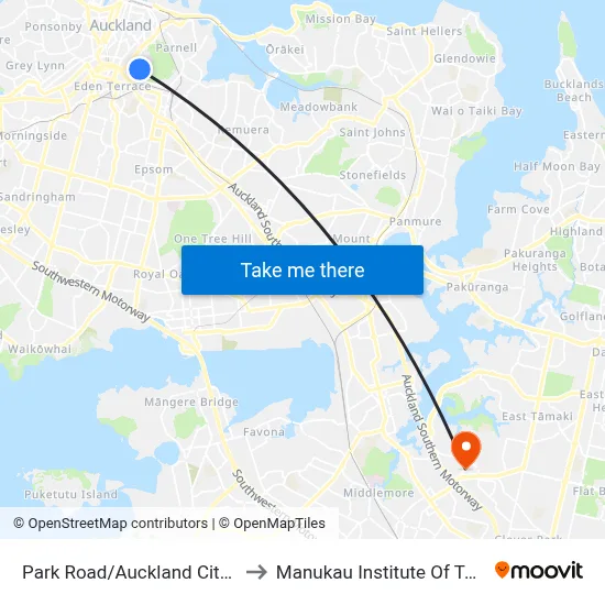 Park Road/Auckland City Hospital to Manukau Institute Of Technology map