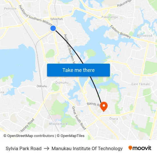 Sylvia Park Road to Manukau Institute Of Technology map