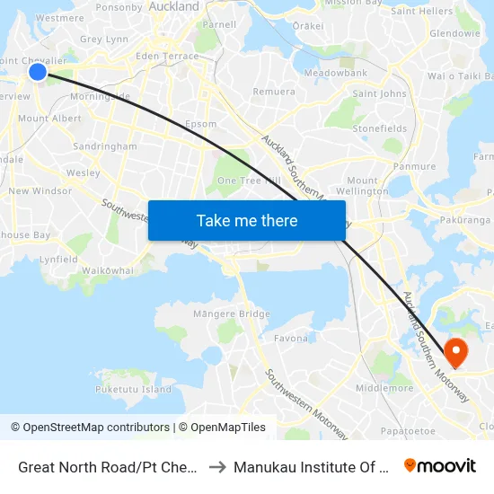 Great North Road/Pt Chevalier Shops to Manukau Institute Of Technology map
