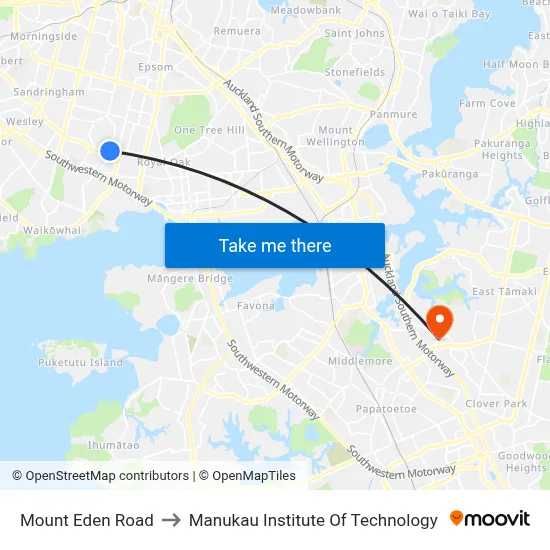Mount Eden Road to Manukau Institute Of Technology map