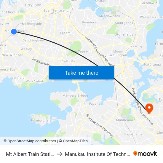 Mt Albert Train Station 2 to Manukau Institute Of Technology map
