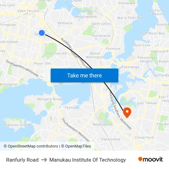 Ranfurly Road to Manukau Institute Of Technology map
