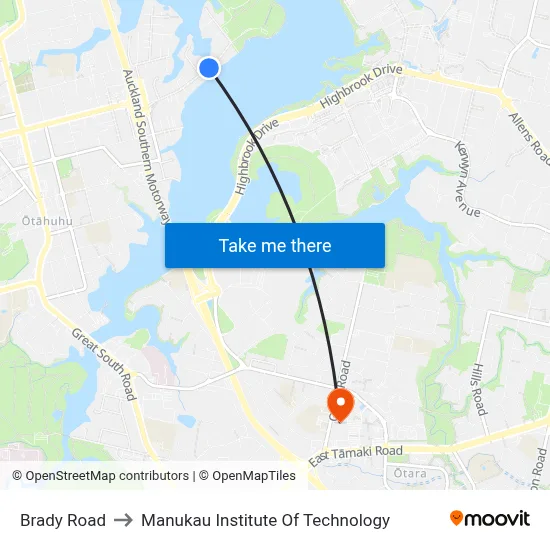 Brady Road to Manukau Institute Of Technology map