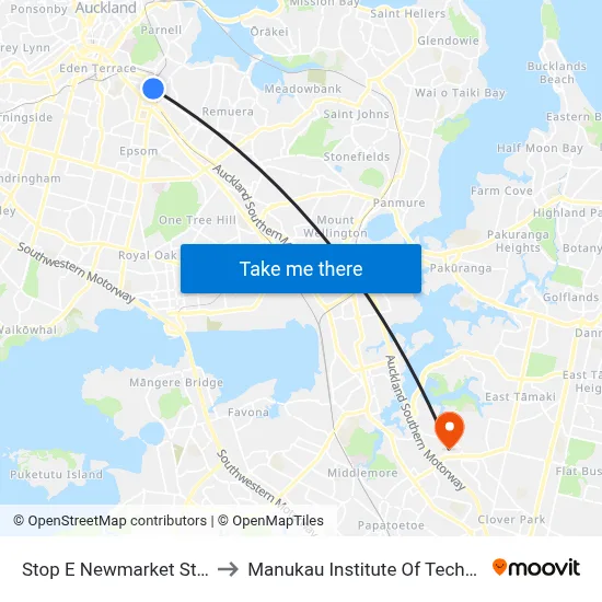 Stop E Newmarket Station to Manukau Institute Of Technology map