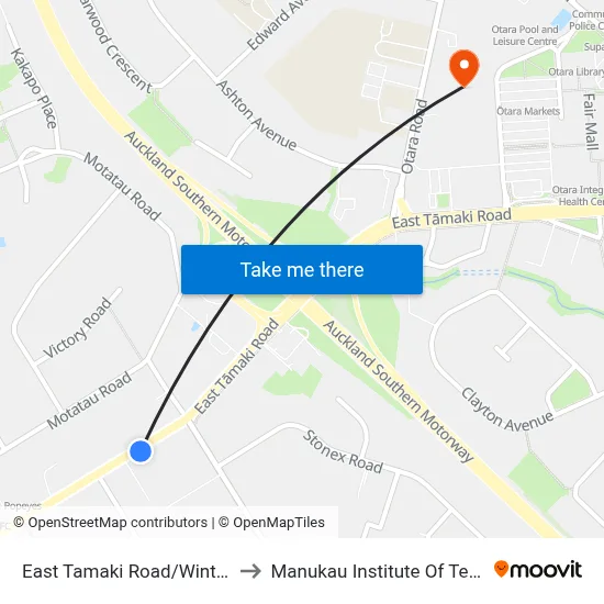 East Tamaki Road/Wintere Road to Manukau Institute Of Technology map