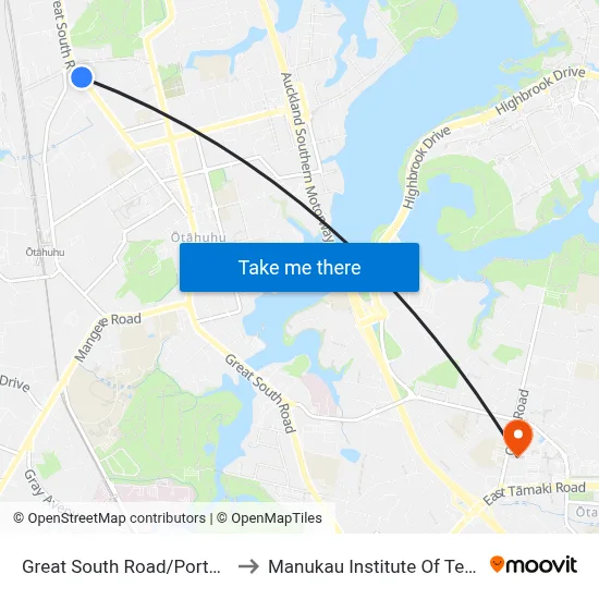 Great South Road/Portage Road to Manukau Institute Of Technology map