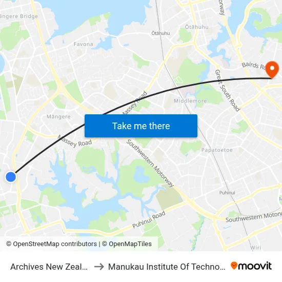 Archives New Zealand to Manukau Institute Of Technology map
