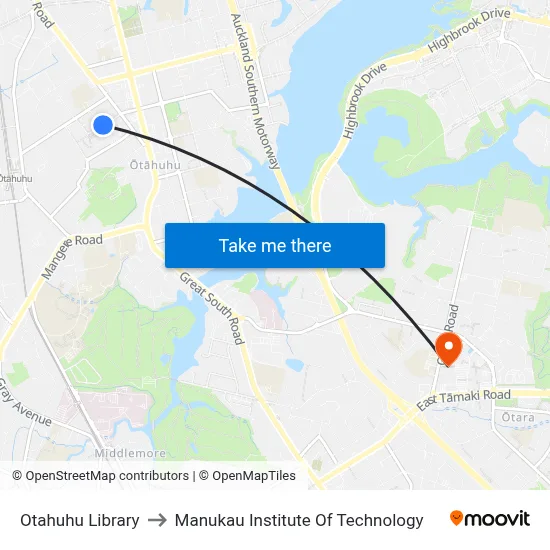 Otahuhu Library to Manukau Institute Of Technology map