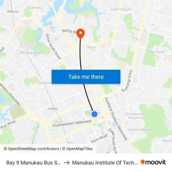 Bay 9 Manukau Bus Station to Manukau Institute Of Technology map