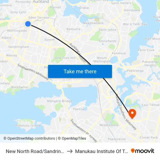 New North Road/Sandringham Road to Manukau Institute Of Technology map