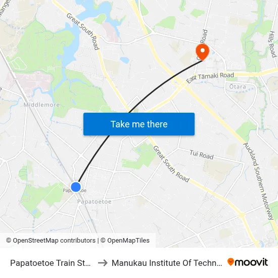 Papatoetoe Train Station to Manukau Institute Of Technology map