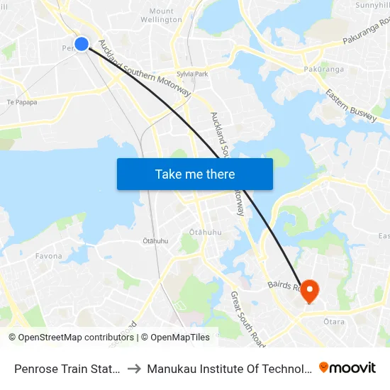 Penrose Train Station to Manukau Institute Of Technology map