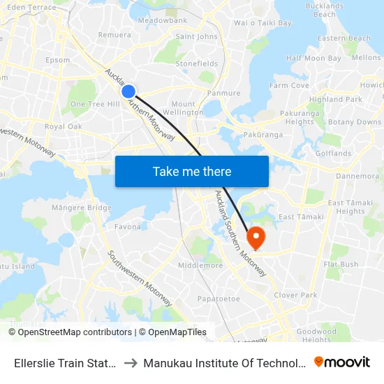 Ellerslie Train Station to Manukau Institute Of Technology map