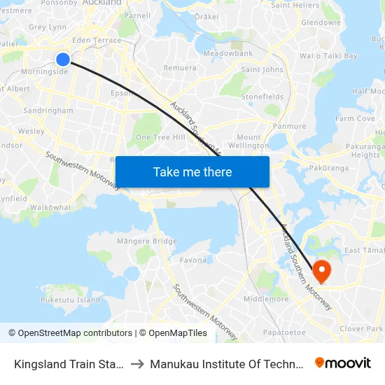 Kingsland Train Station to Manukau Institute Of Technology map