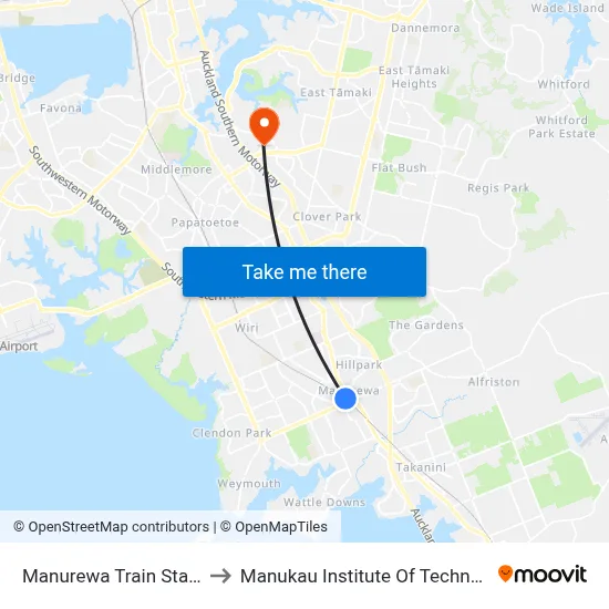 Manurewa Train Station to Manukau Institute Of Technology map