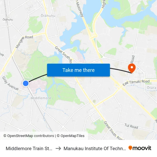 Middlemore Train Station to Manukau Institute Of Technology map