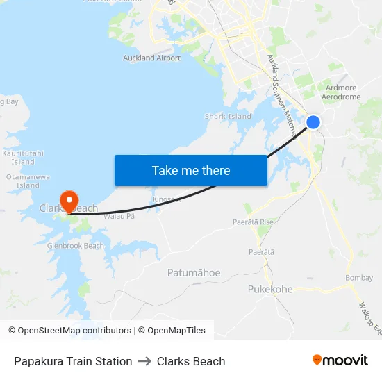 Papakura Train Station to Clarks Beach map