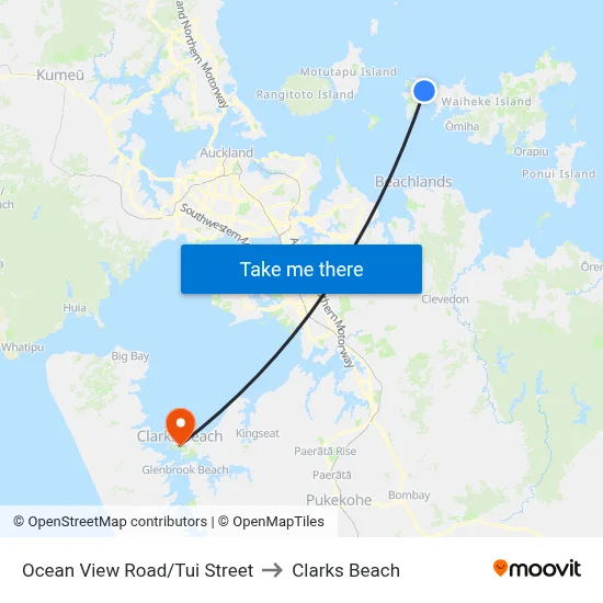 Ocean View Road/Tui Street to Clarks Beach map