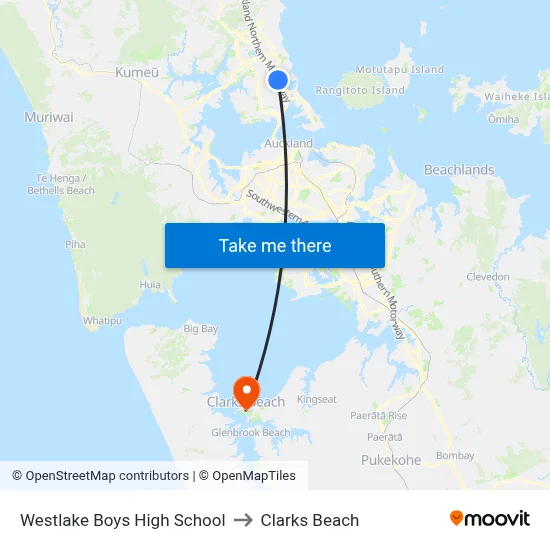 Westlake Boys High School to Clarks Beach map